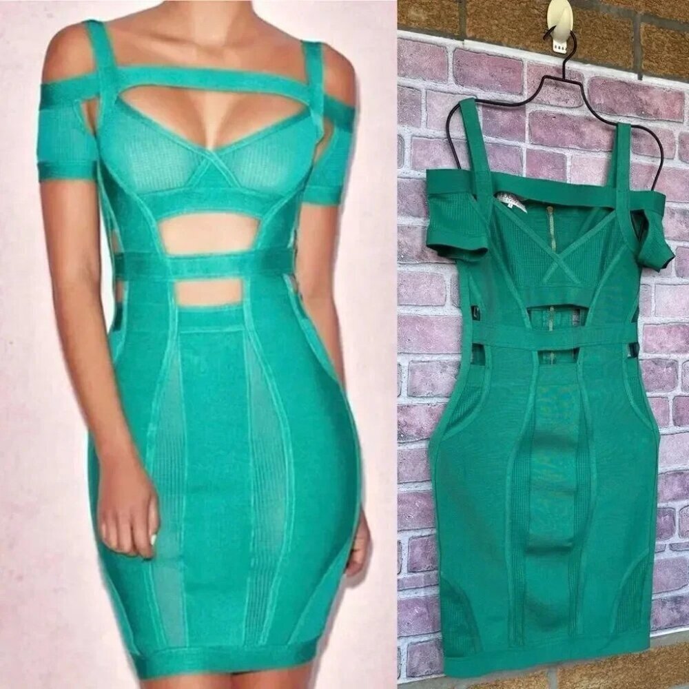 House of CB Caltina Bandage Mesh Bardot Cut out Mini Dress Size Small